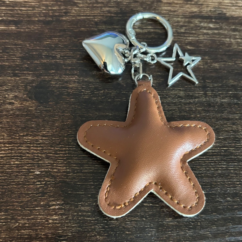 Brown Faux Leather Padded Star Keychain Silver Heart and Star Charms